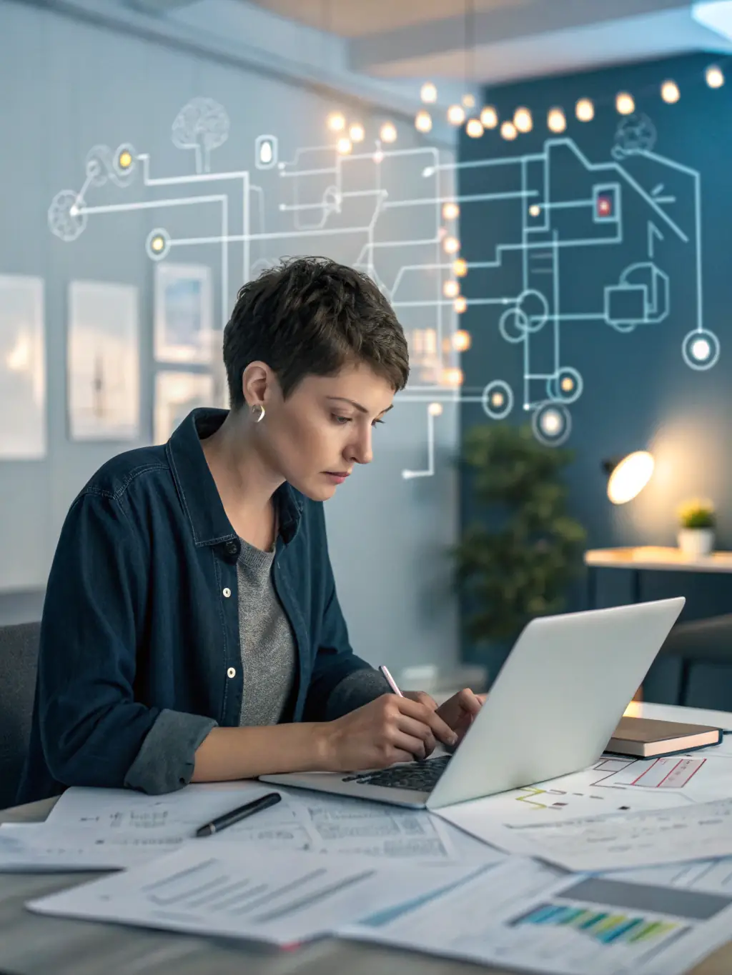 An image of a business analyst reviewing workflow diagrams on a computer screen, used to illustrate Teamique's Operations Optimization services.