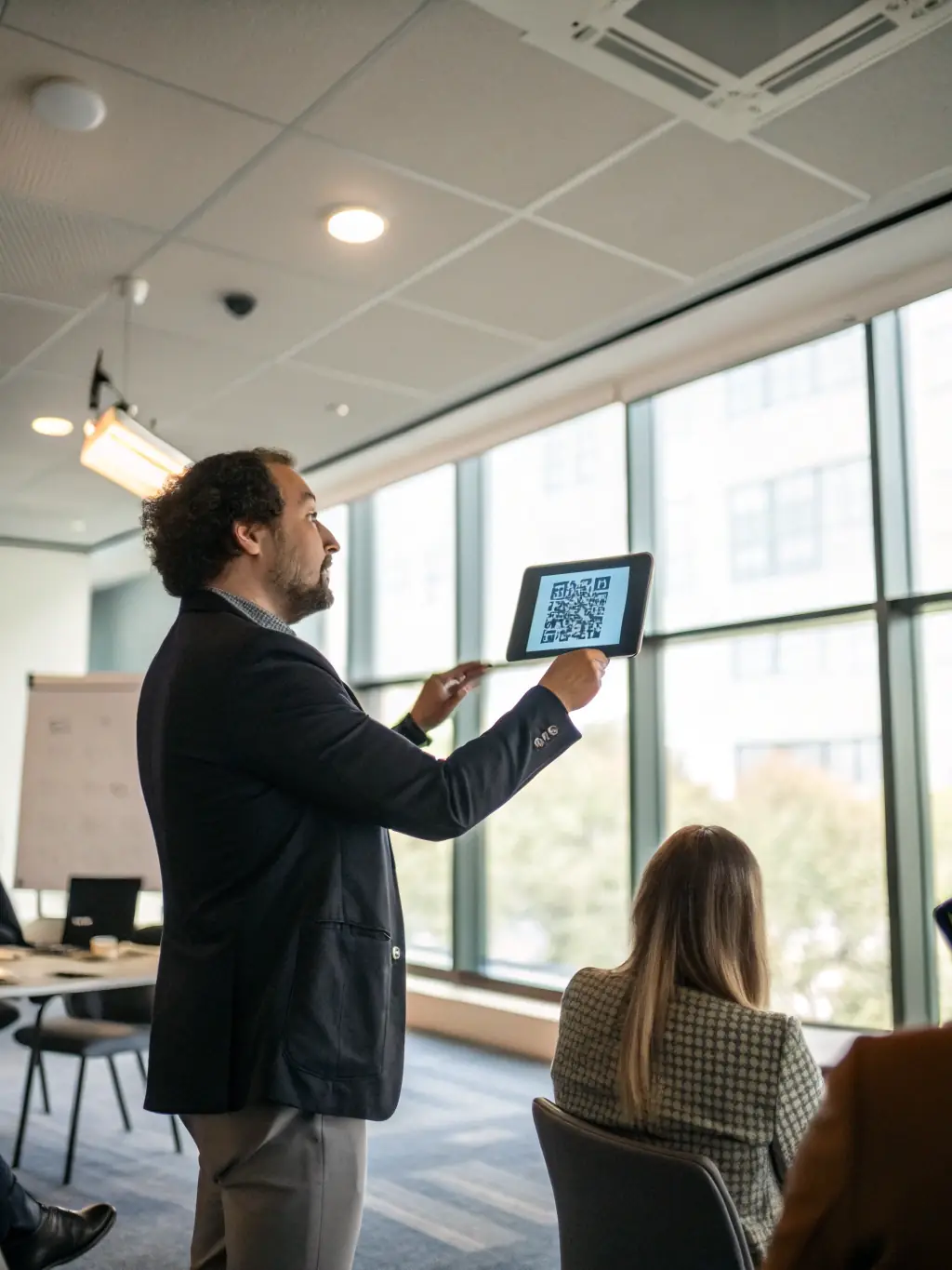 An image of a project manager reviewing a project timeline on a digital tablet with team members collaborating, used to illustrate Teamique's Project Coordination services.